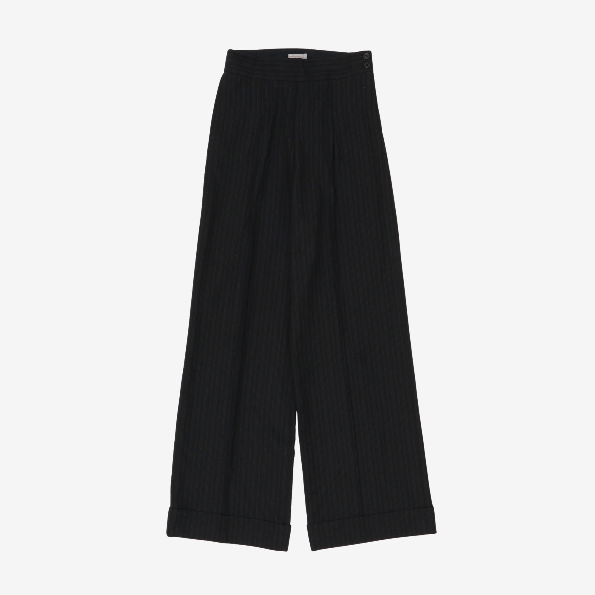 Wool Wide Leg Striped Pleat Trousers